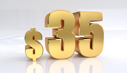 35 dollar price symbol. red text number 3d render with dollar sign on white background - Illustration