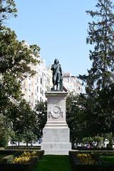 MADRID-SPAIN-FEB 19, 2019: Statue of the painter Bartolomé Esteban Murillo is located in the Plaza de Murillo, between the Museo del Prado and the Botanical Gardens.
