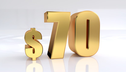 70 dollar price symbol. red text number 3d render with dollar sign on white background - Illustration