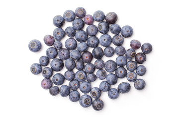 Lot of whole fresh sweet purple blueberry american flatlay isolated on white background