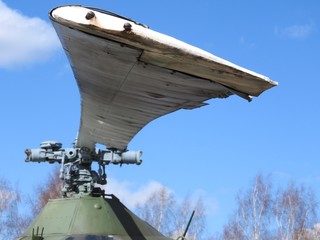 Close-up of a large military helicopter, parts and elements of the body.