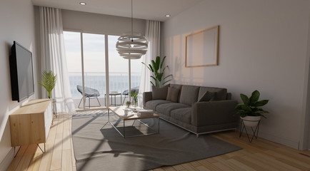 Modern living room interior with sofa and green plants,lamp,table on living coral color of the Year 2019,3d rendering.