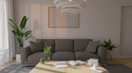 Modern living room interior with sofa and green plants,lamp,table on living coral color of the Year 2019,3d rendering.