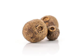 Group of three whole dry brown allspice berries isolated on white background