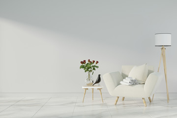 Interior mock up with gray velvet armchair in living room with white wall. 3D rendering.