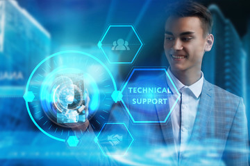 The concept of business, technology, the Internet and the network. A young entrepreneur working on a virtual screen of the future and sees the inscription: Technical support