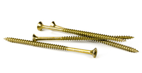 Golden screws on white background.