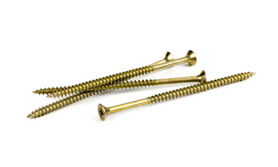 Golden screws on white background.