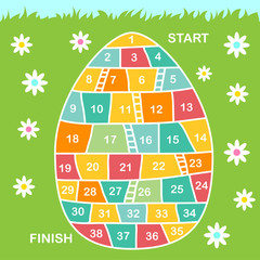 Vector cartoon style illustration of kids Easter board game with holiday symbols. Template for print.