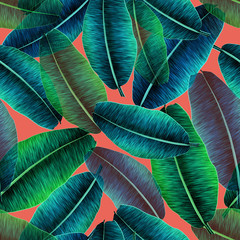 Transparent tropical banana leaves, jungle leaf seamless floral pattern coral background. Artistic palms pattern with seamless repeating design. Pattern for summer designs.