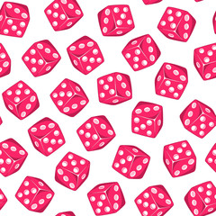 Dice seamless pattern. Board game repeating design. Red cubes wallpaper. Casino, gambling backdrop.