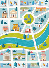 City map. Streets of a colorful city with buildings, houses and river. 