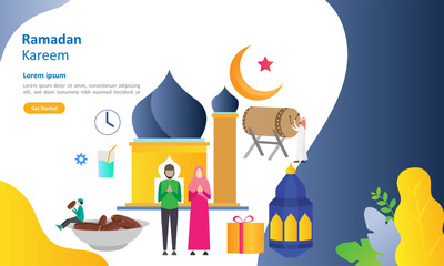 Ramadan Kareem greeting concept design With character activity of fasting people, Suitable for web landing page, ui, mobile app, banner template. Vector Illustration