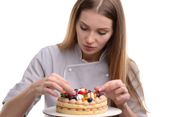 pastry chef with cake on a white background