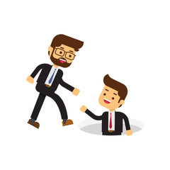 Businessman helping his friend by take him out from the hole