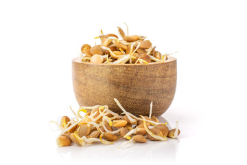 Lot of whole raw fresh yellow lentil sprouts with wooden bowl isolated on white background