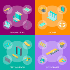 Swimming Pool Elements 3d Banner Set Isometric View. Vector