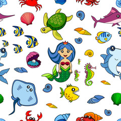 Obraz premium Cute kids fish pattern for girls and boys. Colorful fish on the abstract background create a fun cartoon drawing. The fish pattern is made in pastel colors. Urban pattern for textile and fabric.