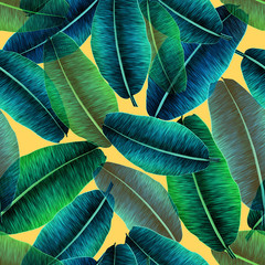 Transparent tropical banana leaves, jungle leaf seamless floral pattern yellow background. Artistic palms pattern with seamless repeating design. Pattern for summer designs.