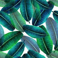 Transparent tropical banana leaves, jungle leaf seamless floral pattern white background. Artistic palms pattern with seamless repeating design. Pattern for summer designs.