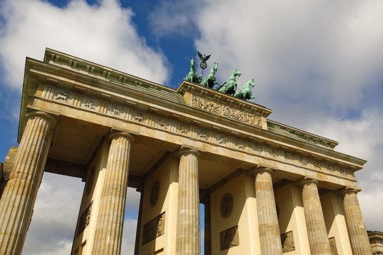 Detail of Brandenburg Gate in Berlin, Germany Pariser Platz sunny day