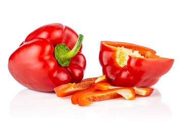 Group of one whole one half four slices of bulgarian red bell pepper isolated on white background