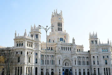 Fototapeta na wymiar MADRID-SPAIN-FEB 19, 2019: The Cybele Palace (Palacio de Cibeles), formerly the Palace of Communication until 2011, is a palace located on the Cybele Plaza in Madrid, Spain.