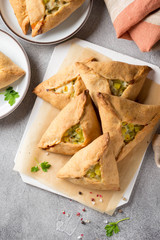 Tatar pie triangle echpochmak, Russian kurnik, delicious pastry with chicken and potatoes. Traditional food, quick snack of dough © maria_lapina