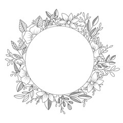 Vector illustration. Hand drawn floral wreath isolated on white background. Designe for wedding, invitation, greeting card, posters, blogs, postcard. Sketch style.