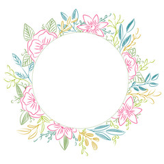 Vector illustration. Hand drawn colorful  floral wreath isolated on white background. Designe for wedding, invitation, greeting card, posters, blogs, postcard. 
