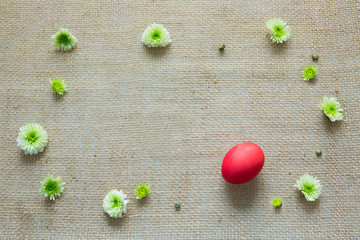 Red Easter egg and white aster. Festive decoration on cloth background.