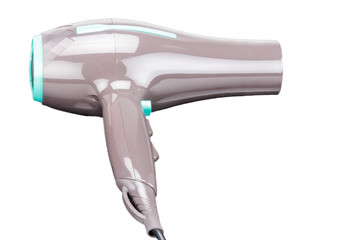 Fototapeta premium Brown hair dryer with green elements isolated on the white background