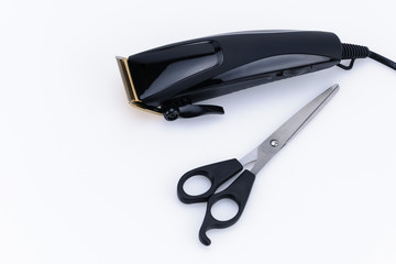 Close up of Hair Barber Clippers, Haircut accessories on white background with copy space
