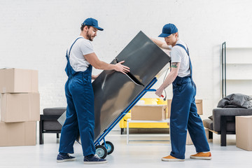 two movers using hand truck while transporting refrigerator in living room