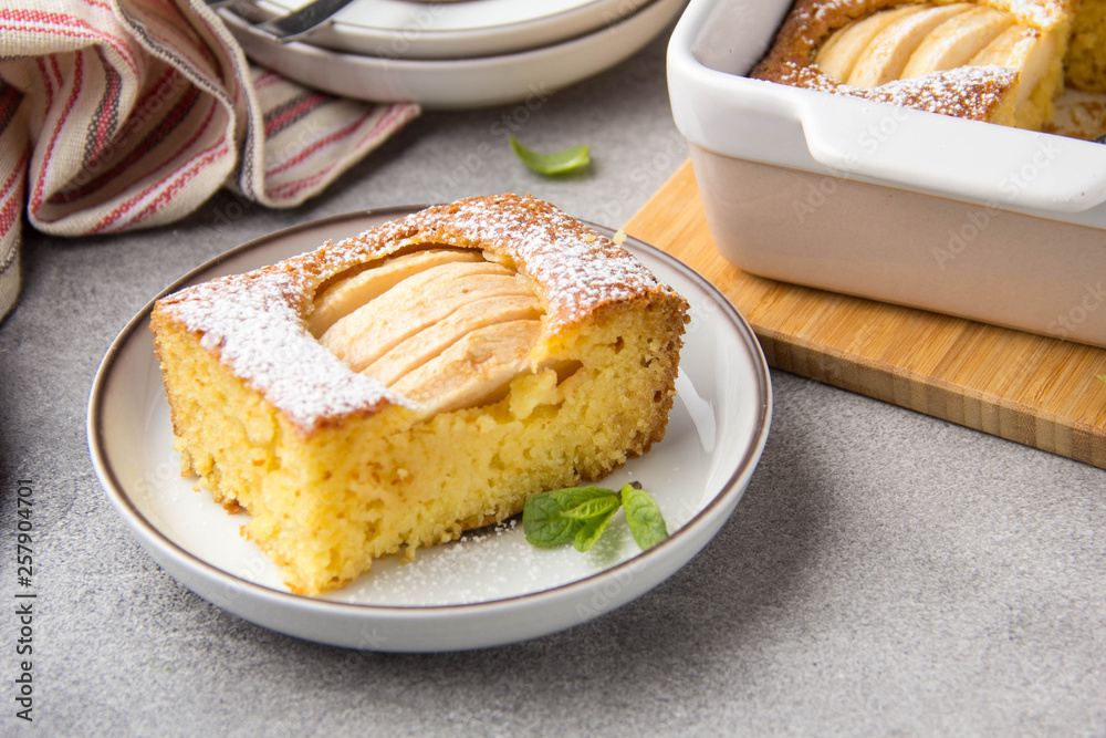 Wall mural Apple pie (charlotte, casserole), with corn flour and semolina. Healthy food, gluten free, homemade cakes