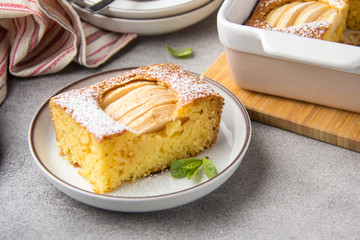 Apple pie (charlotte, casserole), with corn flour and semolina. Healthy food, gluten free, homemade cakes
