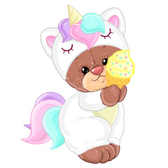 Teddy bear in unicorn costume with ice cream. Cute children's character.