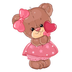 Fototapeta premium Teddy bear girl with heart lollipop. Cute children's character.