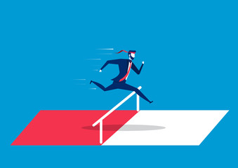 Businessman jumping over hurdles or obstacles. Symbol of determination, aspiration, ambition, motivation and success