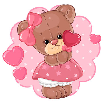 Teddy bear girl with heart lollipop. Cute children's character.