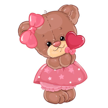 Teddy bear girl with heart lollipop. Cute children's character.
