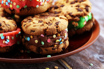 ice cream sandwiches with strawberry and chocolate. Chocolate Chip Cookie Ice Cream Sandwich