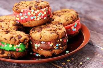 ice cream sandwiches with strawberry and chocolate. Chocolate Chip Cookie Ice Cream Sandwich