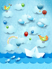 Surreal seascape with paper boat, balloons, birds and flying fishes