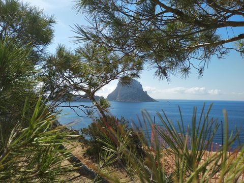 beautiful panorama of the islet of Es Vedra on the cliff of Cala D'Hort in Ibiza, Pitiusa Island of the Balearics
