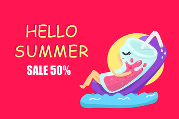 Hello summer sale promotion, glass characters cartoon relaxing vacation seasonal holiday, colorful background vector illustration