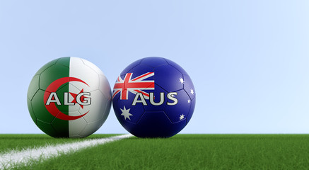 Australia vs. Algeria Soccer Match - Soccer balls in Australia and Algerian national colors on a soccer field. Copy space on the right side - 3D Rendering 