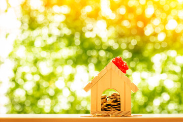 Saving money to buying a new real estate as a gift to family or the one loved concept, Home model tied with red ribbon and gold coin in the public park.