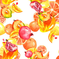 Vintage seamless pattern with watercolors - from tropical fruit, citrus spray, lemon, pomegranate, orange, mango fruit, paint splash. Bright fashionable watercolor background. Citrus Tropical Fruit