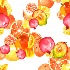 Vintage seamless pattern with watercolors - from tropical fruit, citrus spray, lemon, pomegranate, orange, mango fruit, paint splash. Bright fashionable watercolor background. Citrus Tropical Fruit